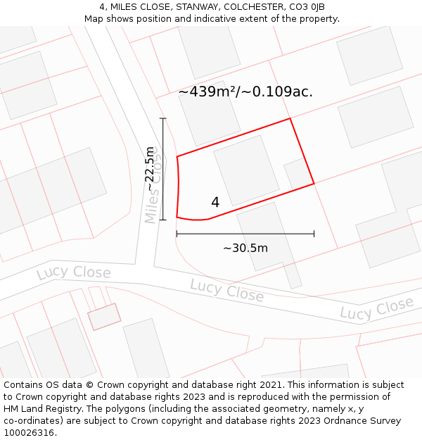 4, MILES CLOSE, STANWAY, COLCHESTER, CO3 0JB: Plot and title map