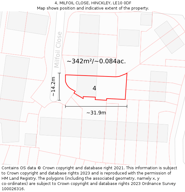 4, MILFOIL CLOSE, HINCKLEY, LE10 0DF: Plot and title map
