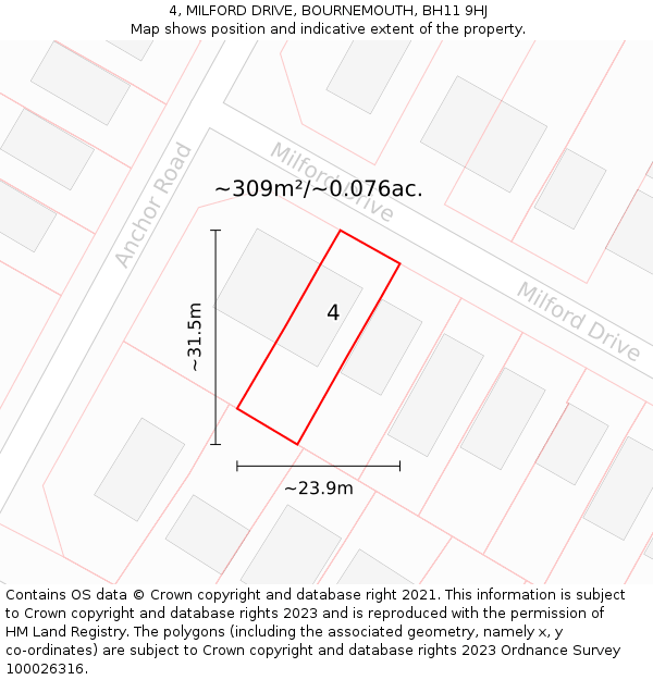 4, MILFORD DRIVE, BOURNEMOUTH, BH11 9HJ: Plot and title map