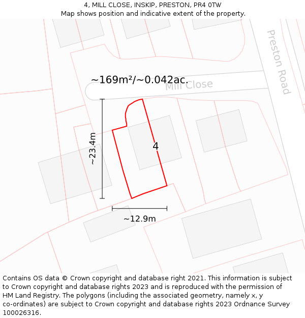 4, MILL CLOSE, INSKIP, PRESTON, PR4 0TW: Plot and title map