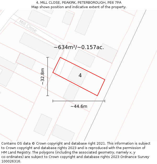 4, MILL CLOSE, PEAKIRK, PETERBOROUGH, PE6 7PA: Plot and title map