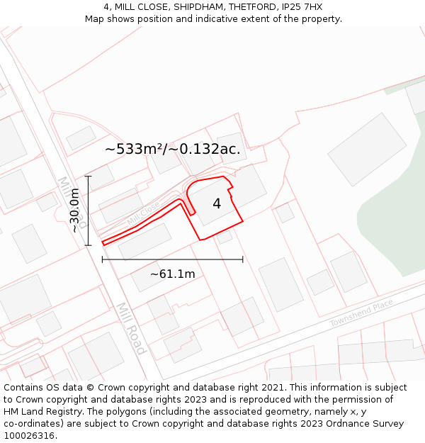 4, MILL CLOSE, SHIPDHAM, THETFORD, IP25 7HX: Plot and title map