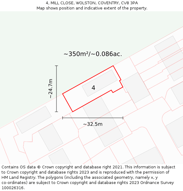 4, MILL CLOSE, WOLSTON, COVENTRY, CV8 3PA: Plot and title map