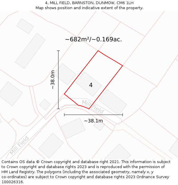 4, MILL FIELD, BARNSTON, DUNMOW, CM6 1LH: Plot and title map