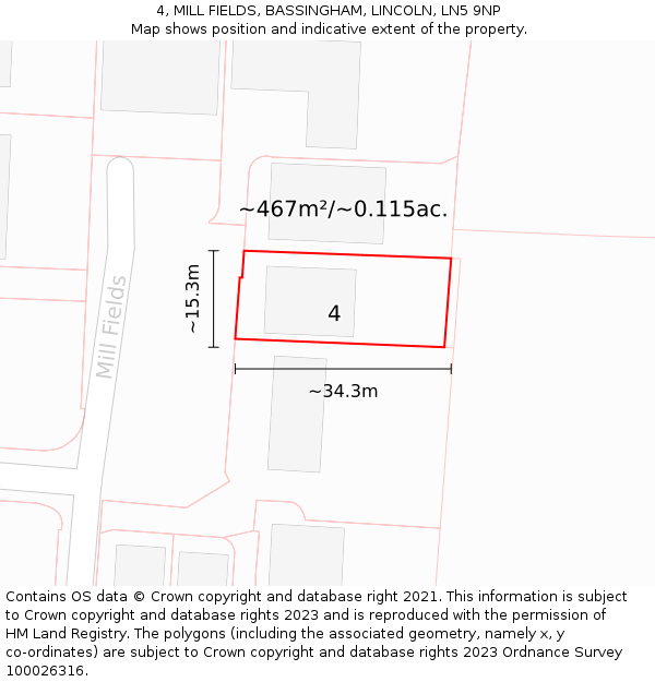 4, MILL FIELDS, BASSINGHAM, LINCOLN, LN5 9NP: Plot and title map