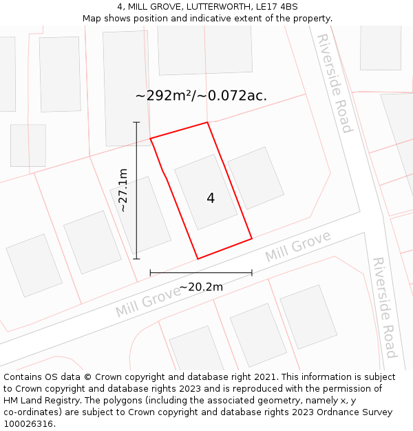 4, MILL GROVE, LUTTERWORTH, LE17 4BS: Plot and title map