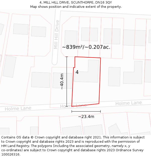 4, MILL HILL DRIVE, SCUNTHORPE, DN16 3QY: Plot and title map