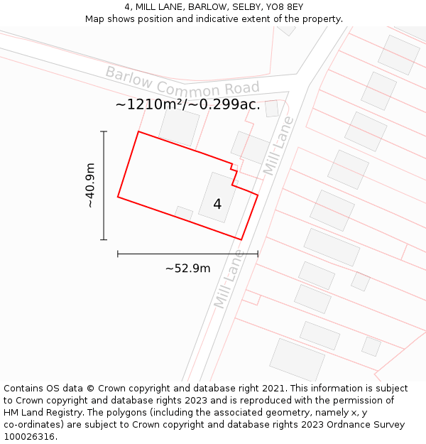4, MILL LANE, BARLOW, SELBY, YO8 8EY: Plot and title map