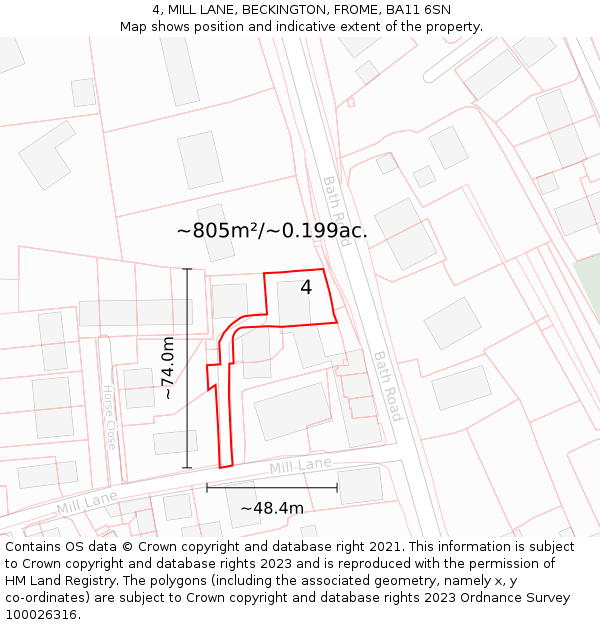 4, MILL LANE, BECKINGTON, FROME, BA11 6SN: Plot and title map