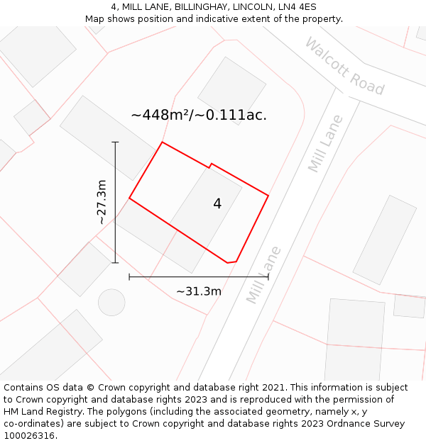 4, MILL LANE, BILLINGHAY, LINCOLN, LN4 4ES: Plot and title map
