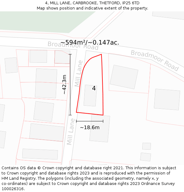 4, MILL LANE, CARBROOKE, THETFORD, IP25 6TD: Plot and title map