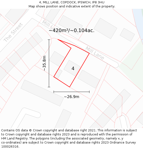 4, MILL LANE, COPDOCK, IPSWICH, IP8 3HU: Plot and title map