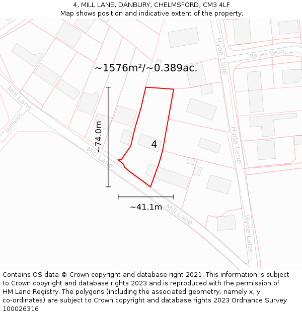 4, MILL LANE, DANBURY, CHELMSFORD, CM3 4LF: Plot and title map