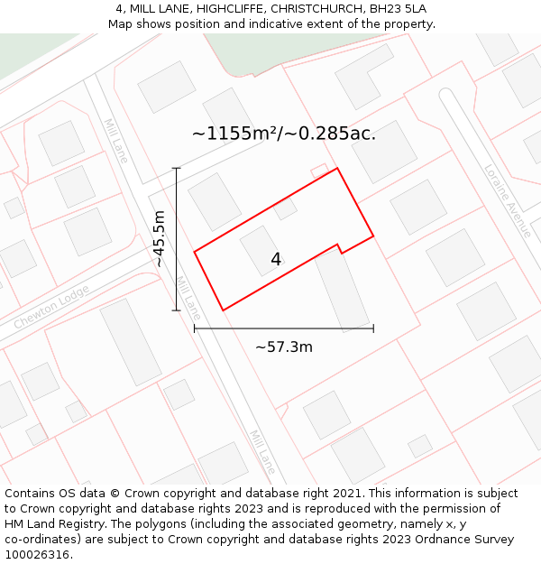 4, MILL LANE, HIGHCLIFFE, CHRISTCHURCH, BH23 5LA: Plot and title map