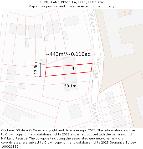 4, MILL LANE, KIRK ELLA, HULL, HU10 7QY: Plot and title map