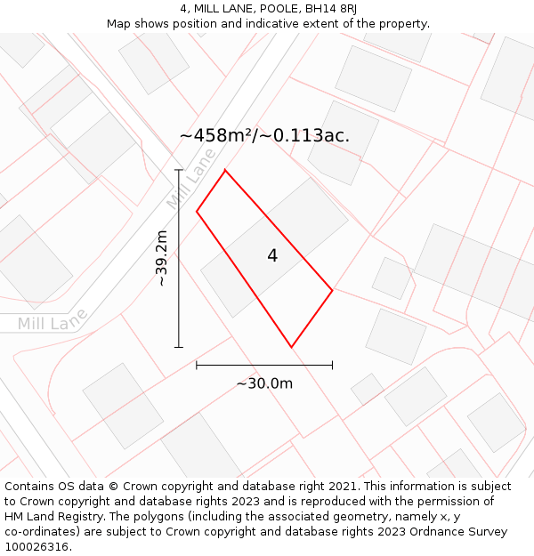 4, MILL LANE, POOLE, BH14 8RJ: Plot and title map