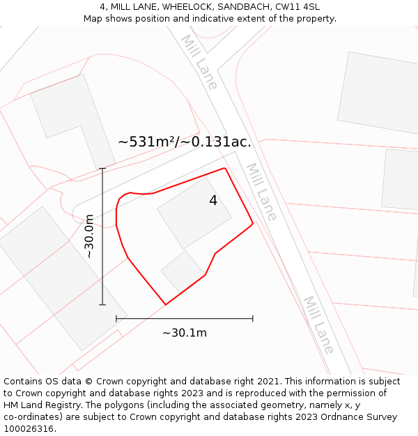 4, MILL LANE, WHEELOCK, SANDBACH, CW11 4SL: Plot and title map
