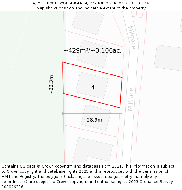 4, MILL RACE, WOLSINGHAM, BISHOP AUCKLAND, DL13 3BW: Plot and title map