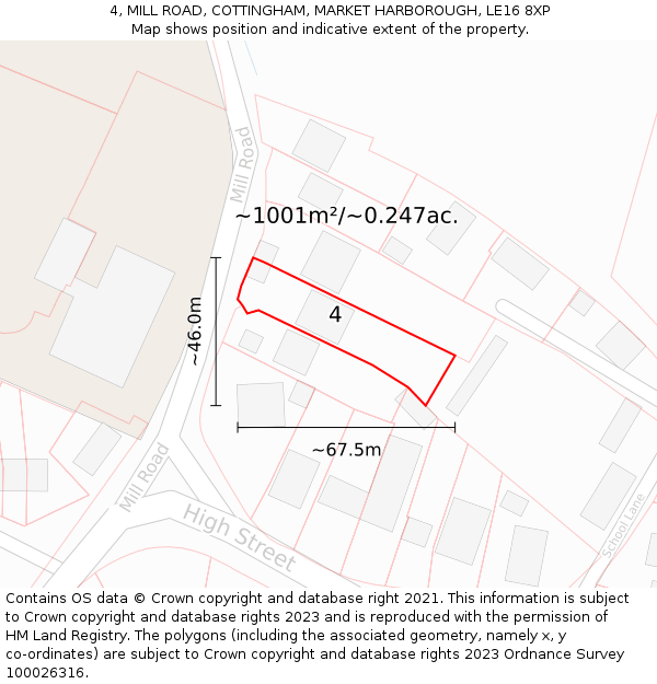 4, MILL ROAD, COTTINGHAM, MARKET HARBOROUGH, LE16 8XP: Plot and title map