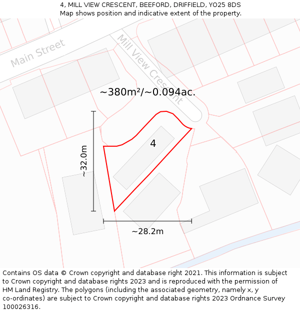 4, MILL VIEW CRESCENT, BEEFORD, DRIFFIELD, YO25 8DS: Plot and title map