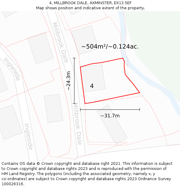 4, MILLBROOK DALE, AXMINSTER, EX13 5EF: Plot and title map