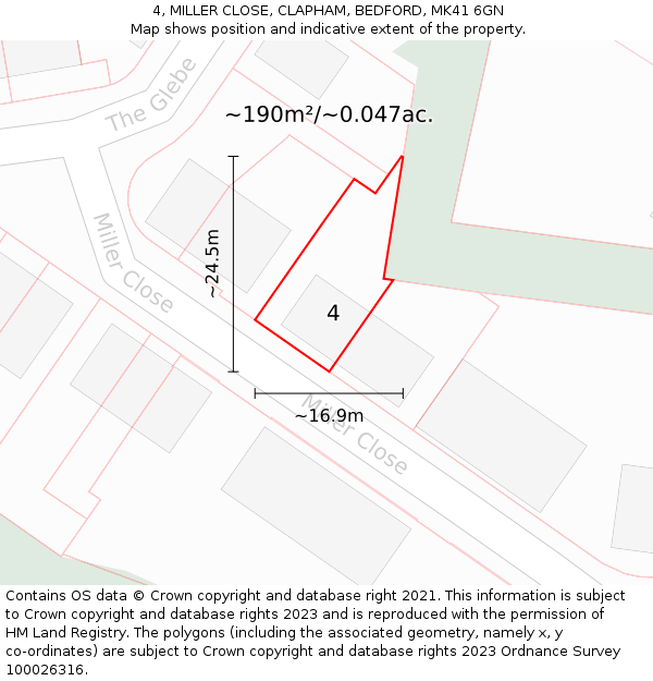 4, MILLER CLOSE, CLAPHAM, BEDFORD, MK41 6GN: Plot and title map