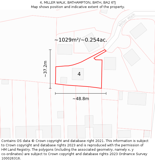 4, MILLER WALK, BATHAMPTON, BATH, BA2 6TJ: Plot and title map