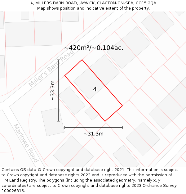 4, MILLERS BARN ROAD, JAYWICK, CLACTON-ON-SEA, CO15 2QA: Plot and title map