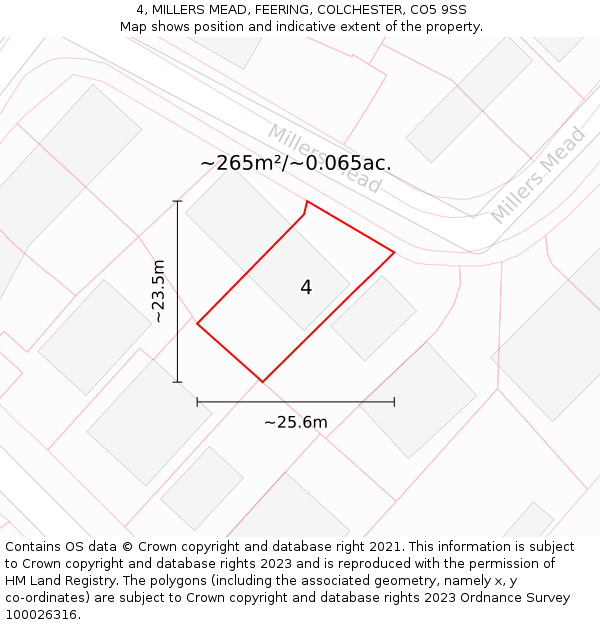 4, MILLERS MEAD, FEERING, COLCHESTER, CO5 9SS: Plot and title map