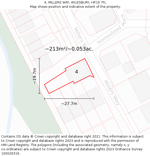4, MILLERS WAY, AYLESBURY, HP19 7FL: Plot and title map