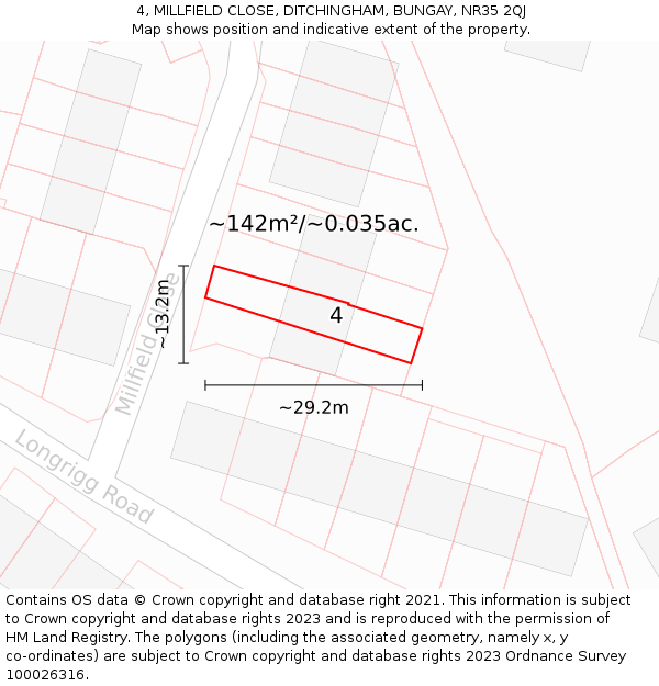 4, MILLFIELD CLOSE, DITCHINGHAM, BUNGAY, NR35 2QJ: Plot and title map