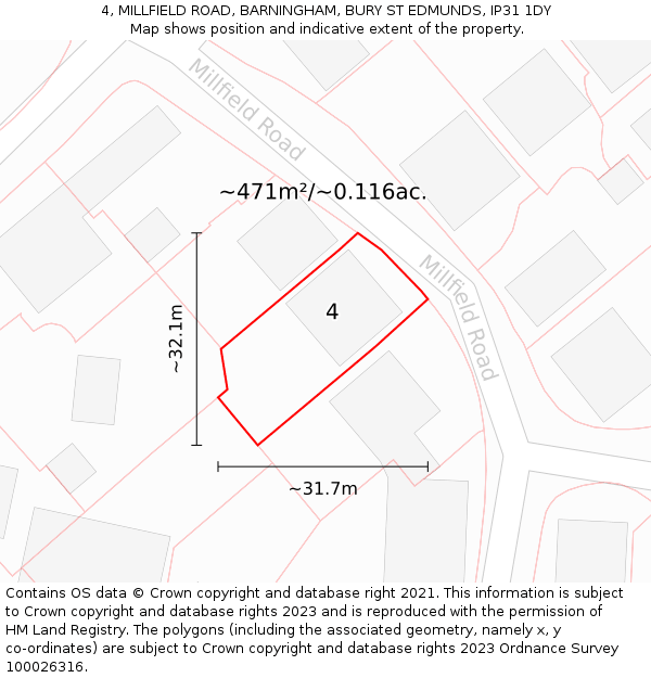4, MILLFIELD ROAD, BARNINGHAM, BURY ST EDMUNDS, IP31 1DY: Plot and title map
