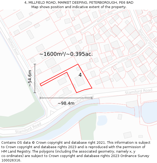 4, MILLFIELD ROAD, MARKET DEEPING, PETERBOROUGH, PE6 8AD: Plot and title map