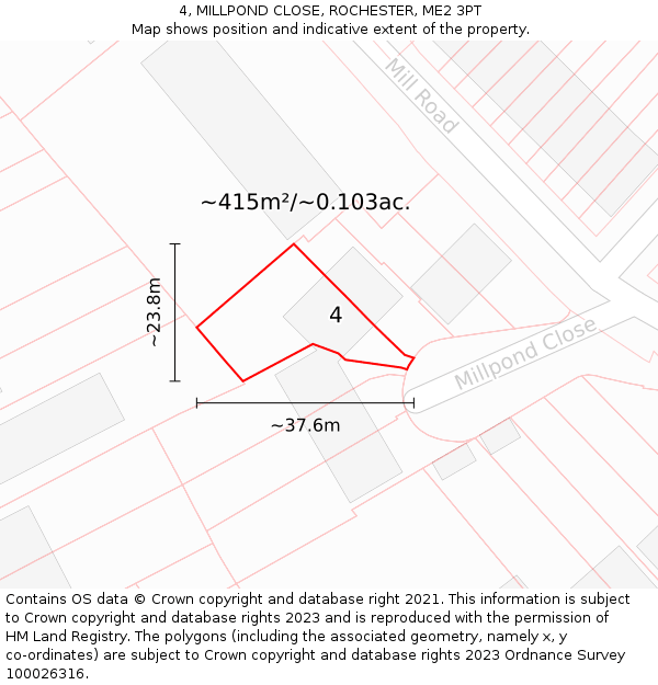 4, MILLPOND CLOSE, ROCHESTER, ME2 3PT: Plot and title map
