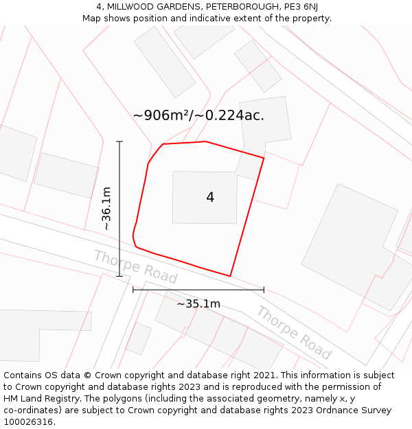 4, MILLWOOD GARDENS, PETERBOROUGH, PE3 6NJ: Plot and title map