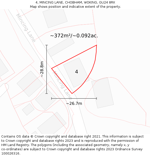 4, MINCING LANE, CHOBHAM, WOKING, GU24 8RX: Plot and title map