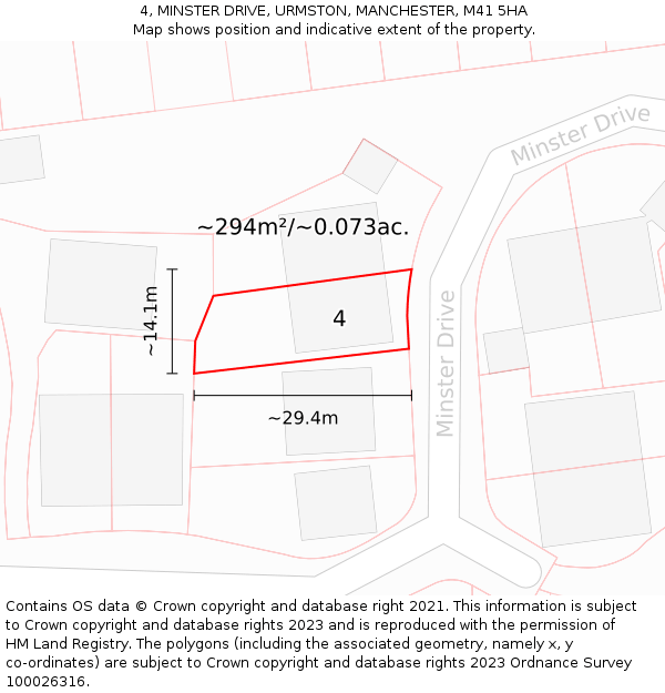 4, MINSTER DRIVE, URMSTON, MANCHESTER, M41 5HA: Plot and title map