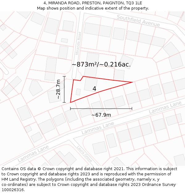 4, MIRANDA ROAD, PRESTON, PAIGNTON, TQ3 1LE: Plot and title map