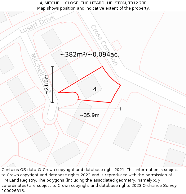 4, MITCHELL CLOSE, THE LIZARD, HELSTON, TR12 7RR: Plot and title map