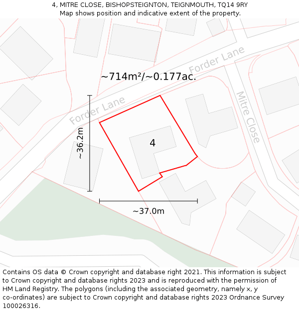 4, MITRE CLOSE, BISHOPSTEIGNTON, TEIGNMOUTH, TQ14 9RY: Plot and title map