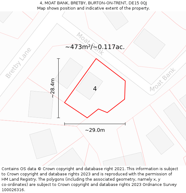 4, MOAT BANK, BRETBY, BURTON-ON-TRENT, DE15 0QJ: Plot and title map