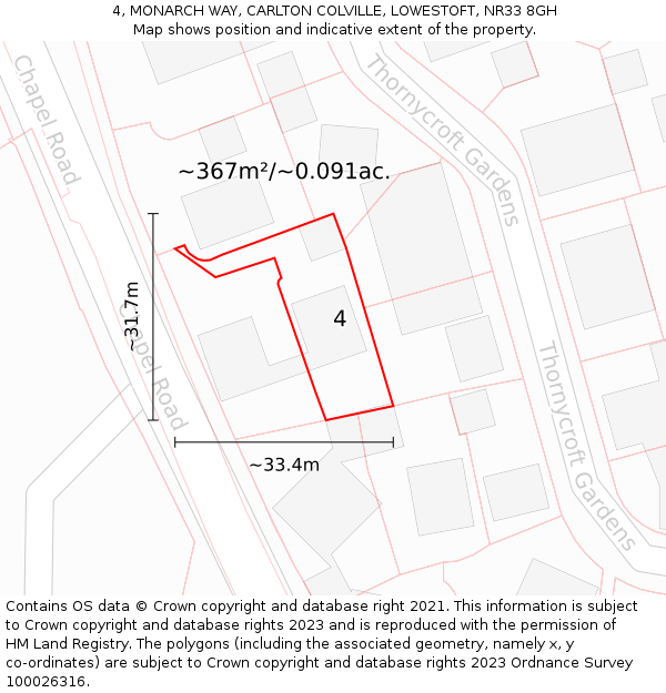 4, MONARCH WAY, CARLTON COLVILLE, LOWESTOFT, NR33 8GH: Plot and title map