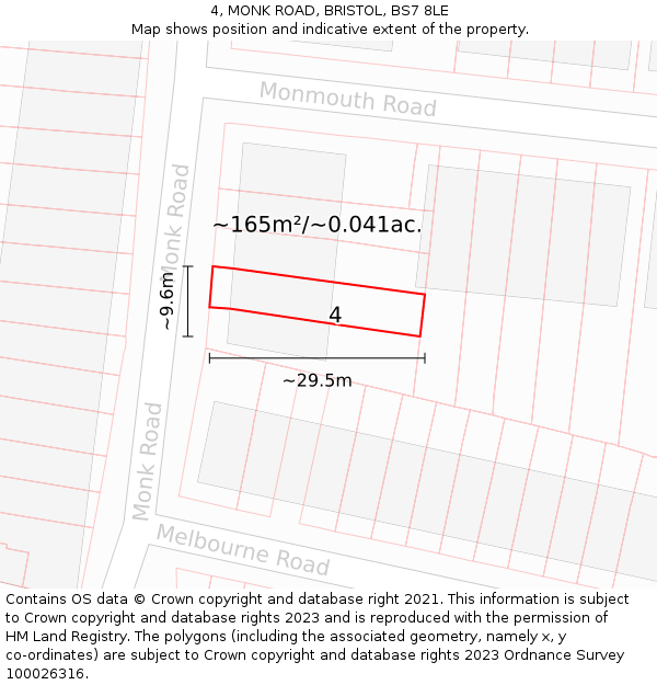 4, MONK ROAD, BRISTOL, BS7 8LE: Plot and title map