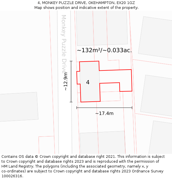 4, MONKEY PUZZLE DRIVE, OKEHAMPTON, EX20 1GZ: Plot and title map