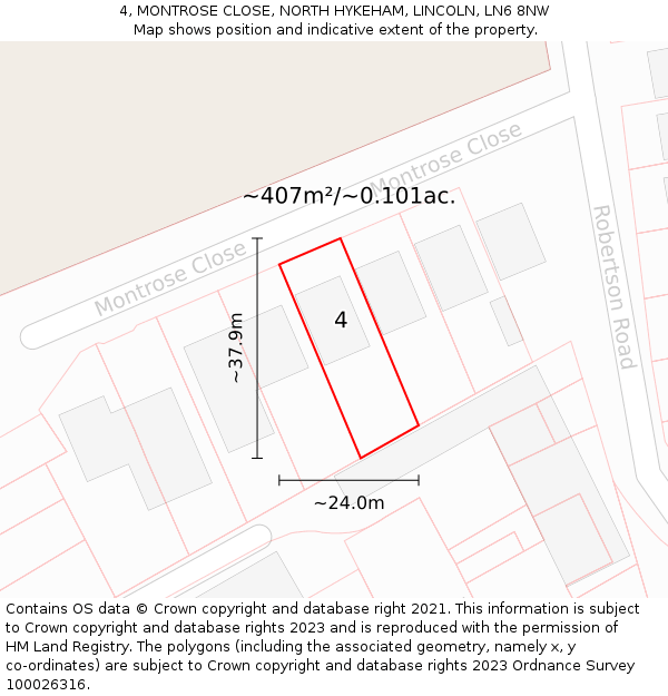 4, MONTROSE CLOSE, NORTH HYKEHAM, LINCOLN, LN6 8NW: Plot and title map