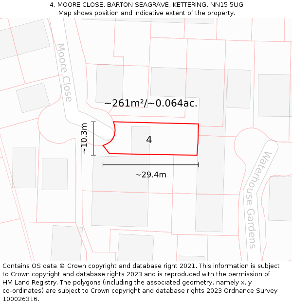 4, MOORE CLOSE, BARTON SEAGRAVE, KETTERING, NN15 5UG: Plot and title map