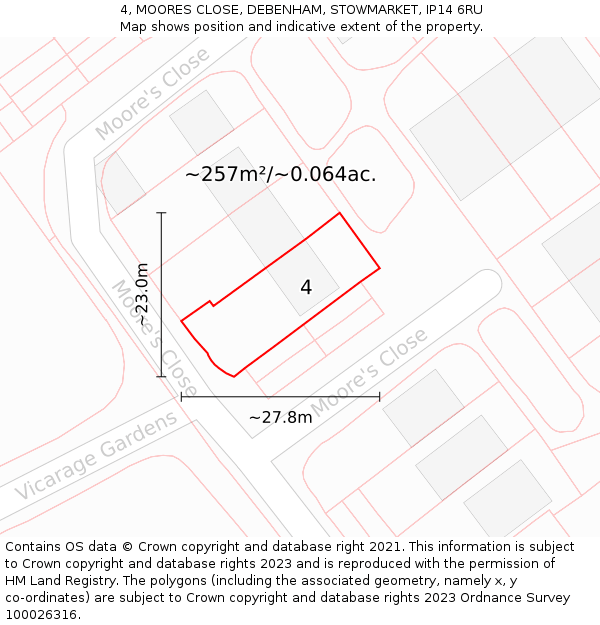 4, MOORES CLOSE, DEBENHAM, STOWMARKET, IP14 6RU: Plot and title map