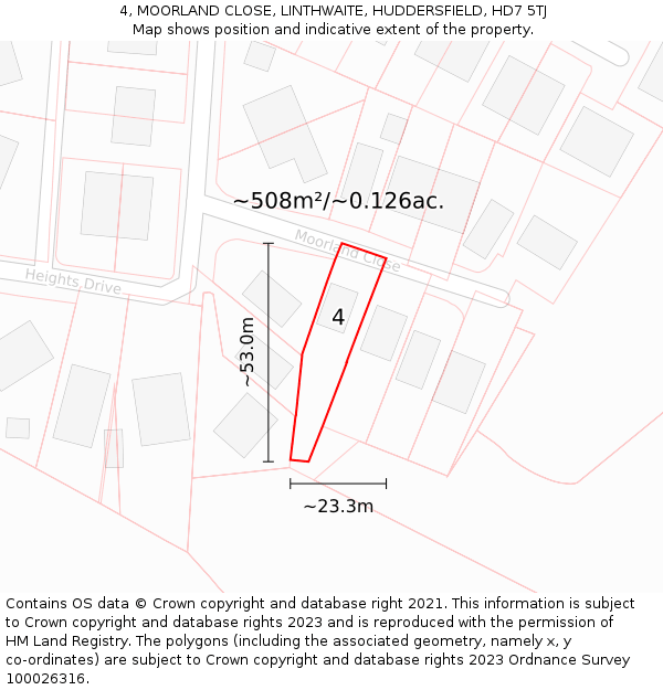 4, MOORLAND CLOSE, LINTHWAITE, HUDDERSFIELD, HD7 5TJ: Plot and title map