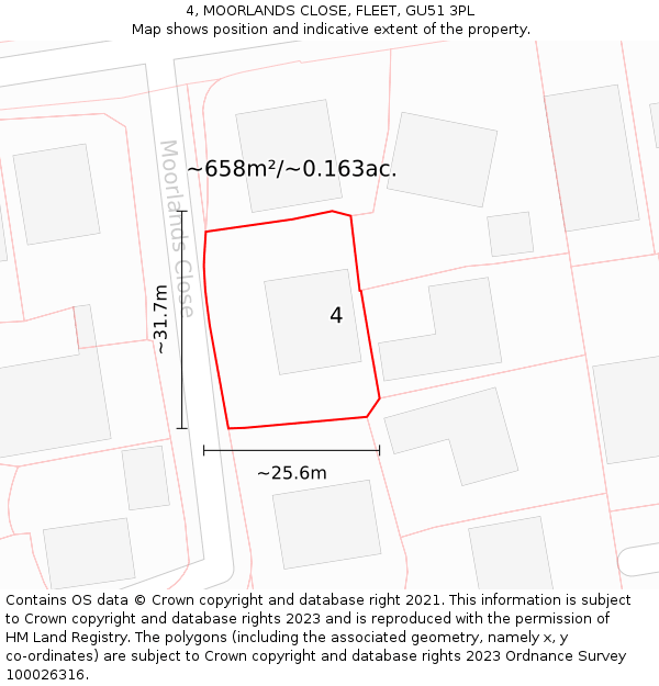4, MOORLANDS CLOSE, FLEET, GU51 3PL: Plot and title map