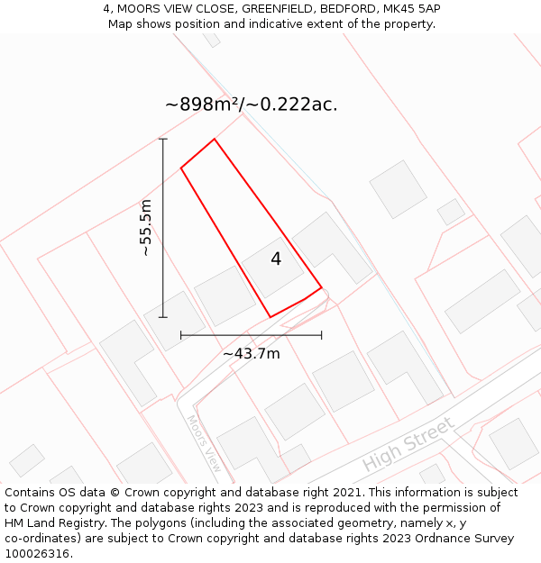 4, MOORS VIEW CLOSE, GREENFIELD, BEDFORD, MK45 5AP: Plot and title map